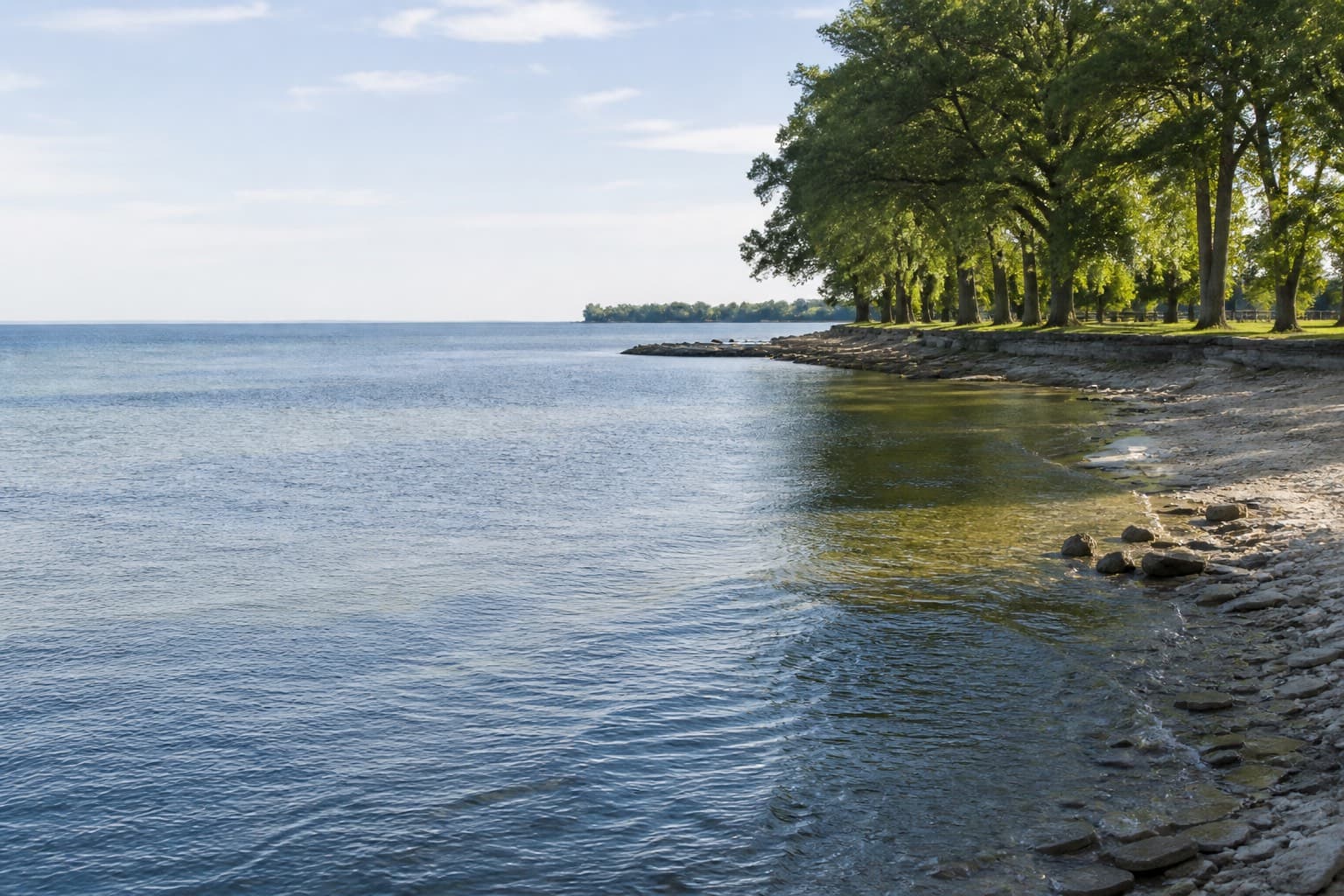 Lake Ontario shoreline with trees in Oakville. Neighbourhood illustration only; not a Five Oaks rendering.